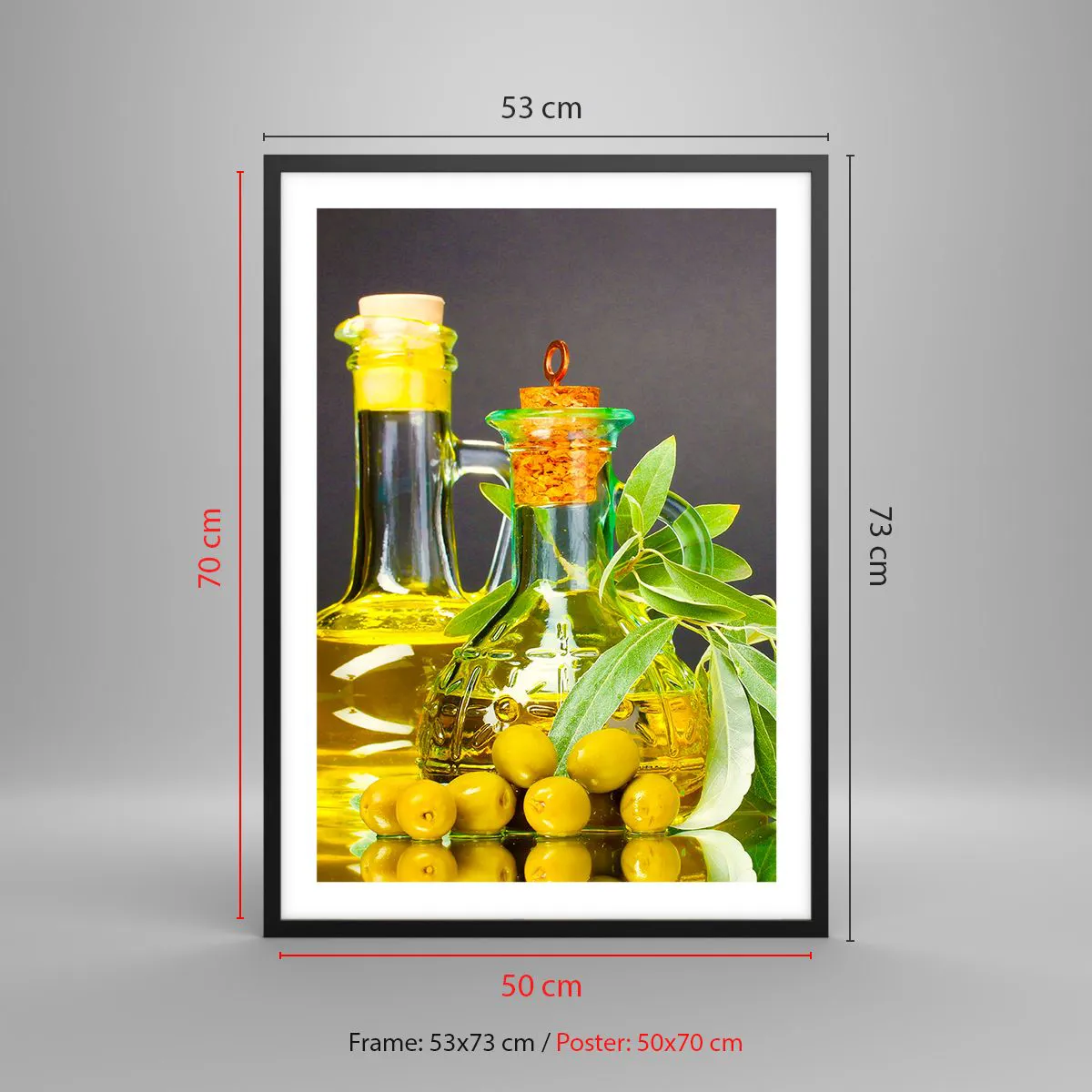 Poster în ramă neagră - Sticle de ulei de măsline și măsline verzi - 50x70cm - Natură moarte cu măsline și ulei - Decorațiune modernă pentru perete pentru living și dormitor ARTTOR