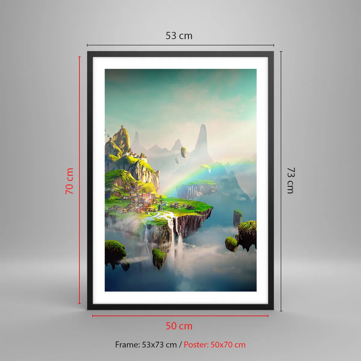 Plagát v čiernom ráme - Magická krajina s horami, dúhou a vodopádom - 50x70cm - Uprostred neba - šťastné ostrovy - Moderná nástenná dekorácia do obývacej izby a spálne ARTTOR
