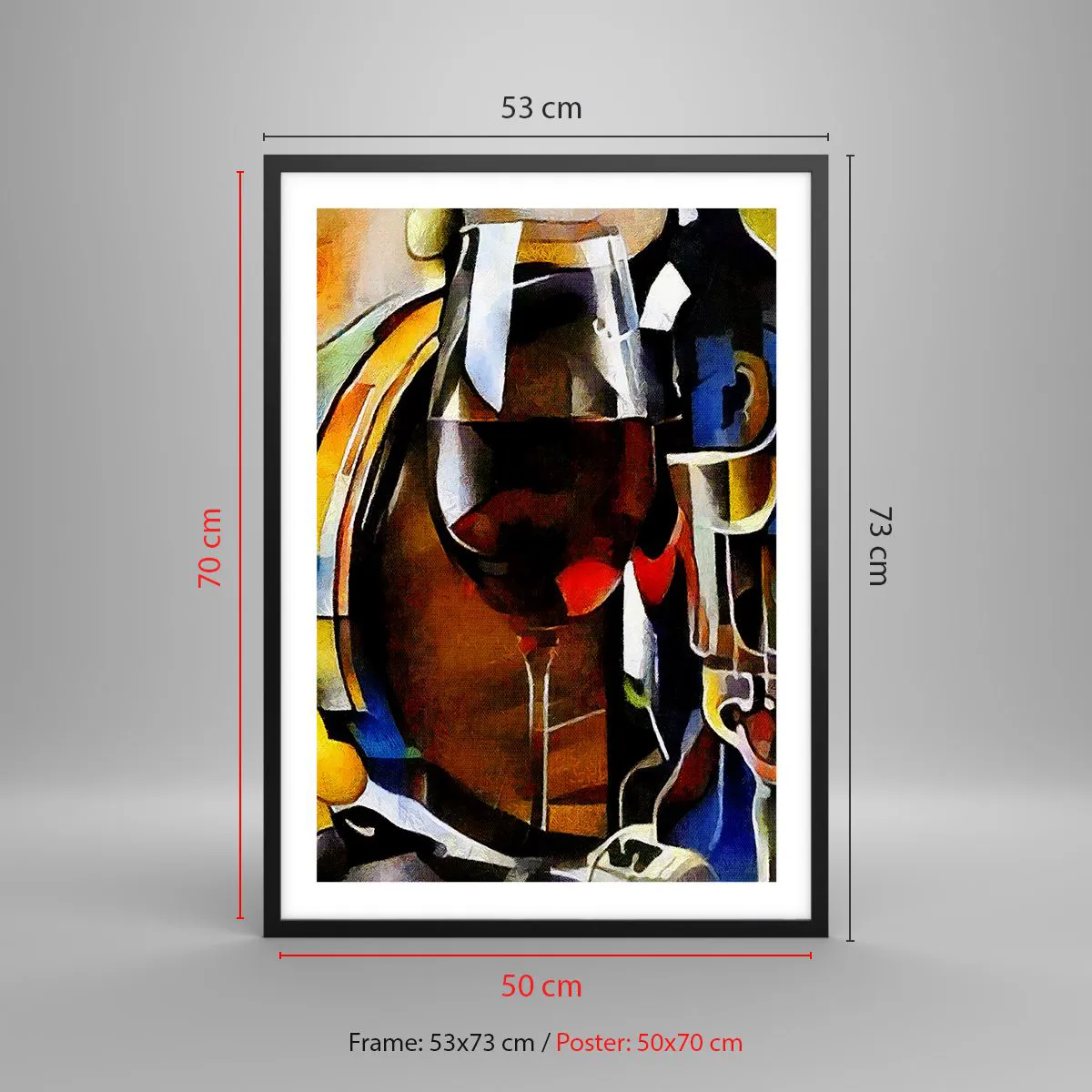 Plakat i sort ramme - Et kunstnerisk gengivet glas rødvin - 50x70cm - Og verden bliver mere farverig - Moderne vægdekoration til stue og soveværelse ARTTOR
