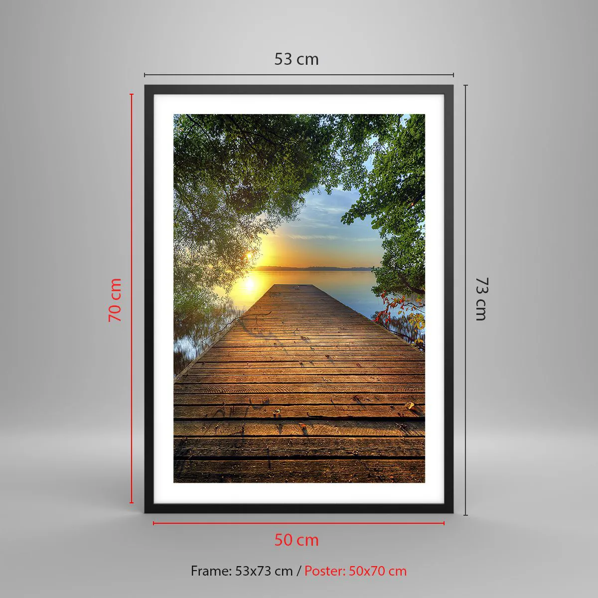 Plakát v černém rámu - Jezerní molo při západu slunce - 50x70cm - Nespěchej, posaď se - Moderní nástěnná dekorace do obývacího pokoje a ložnice ARTTOR