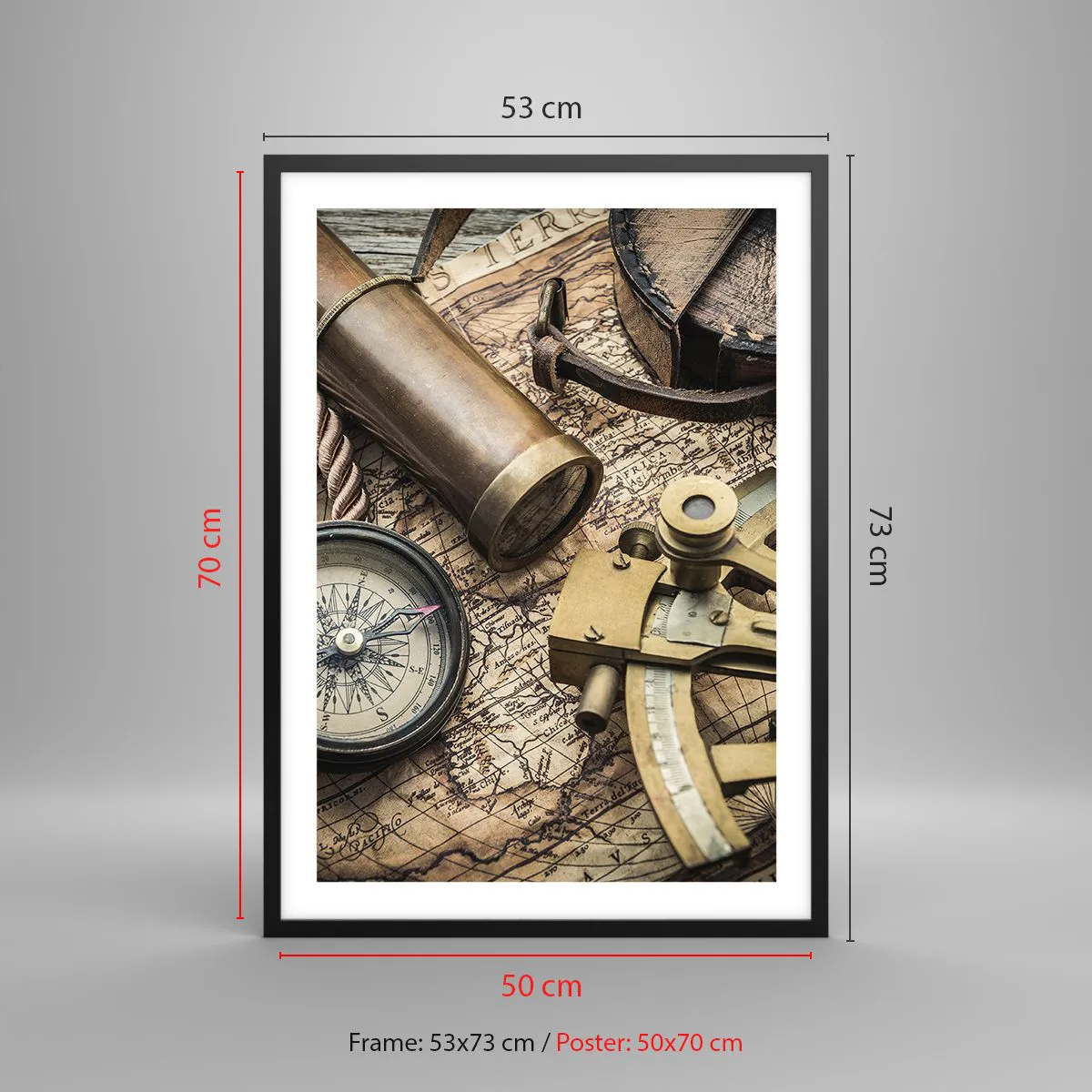 Pôster com moldura preta - Conjunto de navegação com mapa, bússola e sextante - 50x70cm - Definir um rumo - Decoração de parede moderna para a sala de estar e quarto ARTTOR