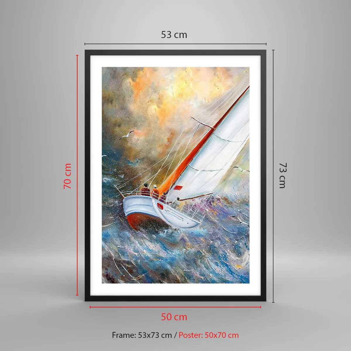 Póster en marco negro - Un yate navegando en un mar tempestuoso en un paisaje pintoresco. - 50x70cm - Surcando las olas - Decoración de pared moderna para salón y dormitorio ARTTOR