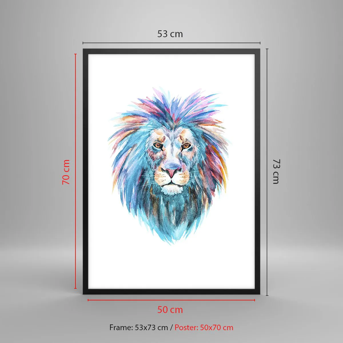 Affiche dans un cadre noir - Poster - Un lion à l'aquarelle colorée sur fond blanc - 50x70cm - Aura électrique - Décoration murale moderne pour le salon et la chambre ARTTOR