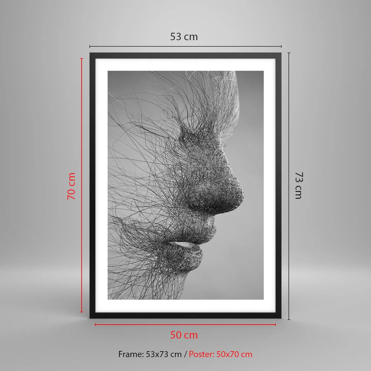 Poster in einem schwarzem Rahmen - Ein Gesichtsprofil aus feinen Linien und Texturen - 50x70cm - Der Geist des Windes - Moderne Wanddekoration für Wohnzimmer und Schlafzimmer ARTTOR