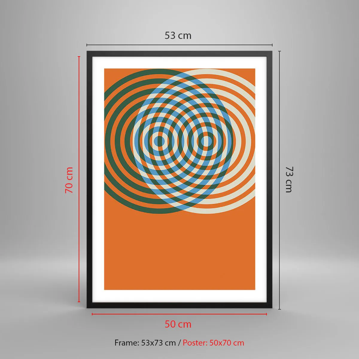 Pôster com moldura preta - Círculos concêntricos coloridos em um fundo laranja - 50x70cm - Variação circular abstrata - Decoração de parede moderna para a sala de estar e quarto ARTTOR