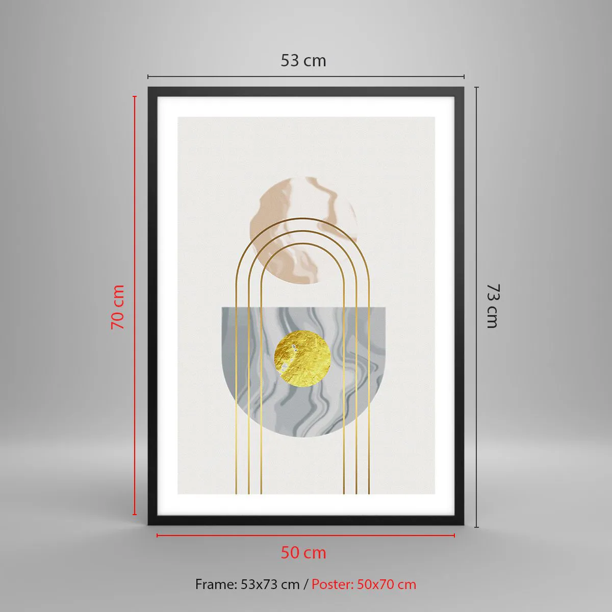 Poster in einem schwarzem Rahmen - Geometrische Muster mit goldenen Elementen auf hellem Hintergrund - 50x70cm - Helligkeit und Brillanz - Moderne Wanddekoration für Wohnzimmer und Schlafzimmer ARTTOR