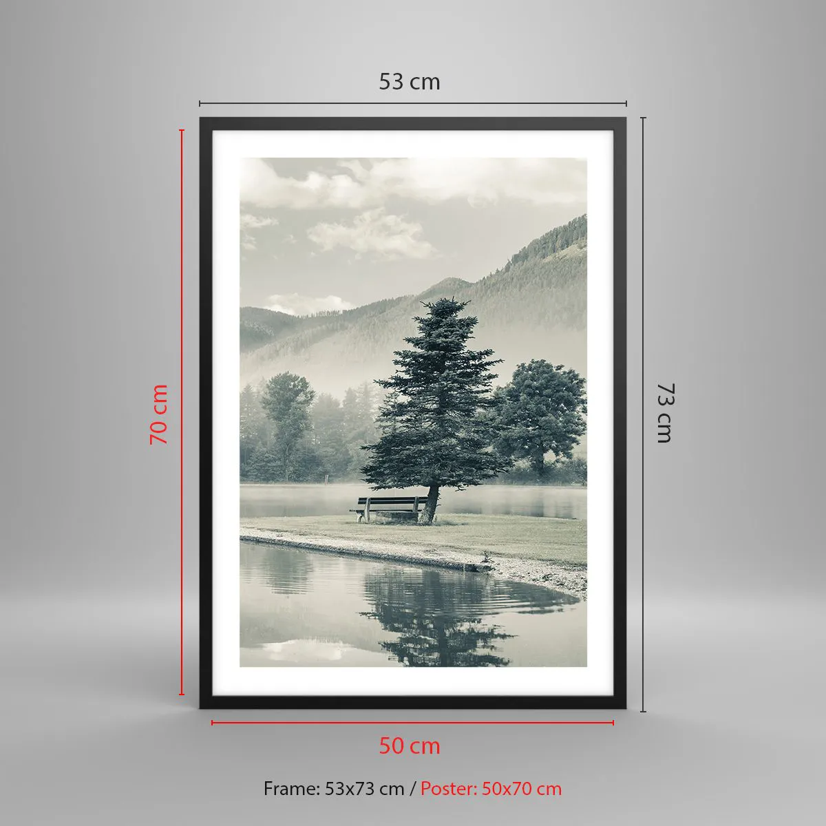 Poster in black frame - A bench under a tree by a lake with a mountain backdrop - 50x70cm - Lake Is Still Asleep - Modern wall decoration for the living room and bedroom ARTTOR