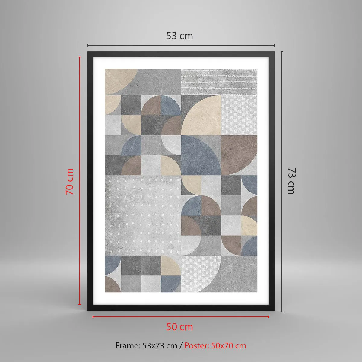 Plakat w czarnej ramie - Geometryczny wzór w odcieniach szarości i niebieskiego - 50x70cm - Ceramiczna fantazja - Nowoczesna dekoracja ścienna do salonu i sypialni ARTTOR