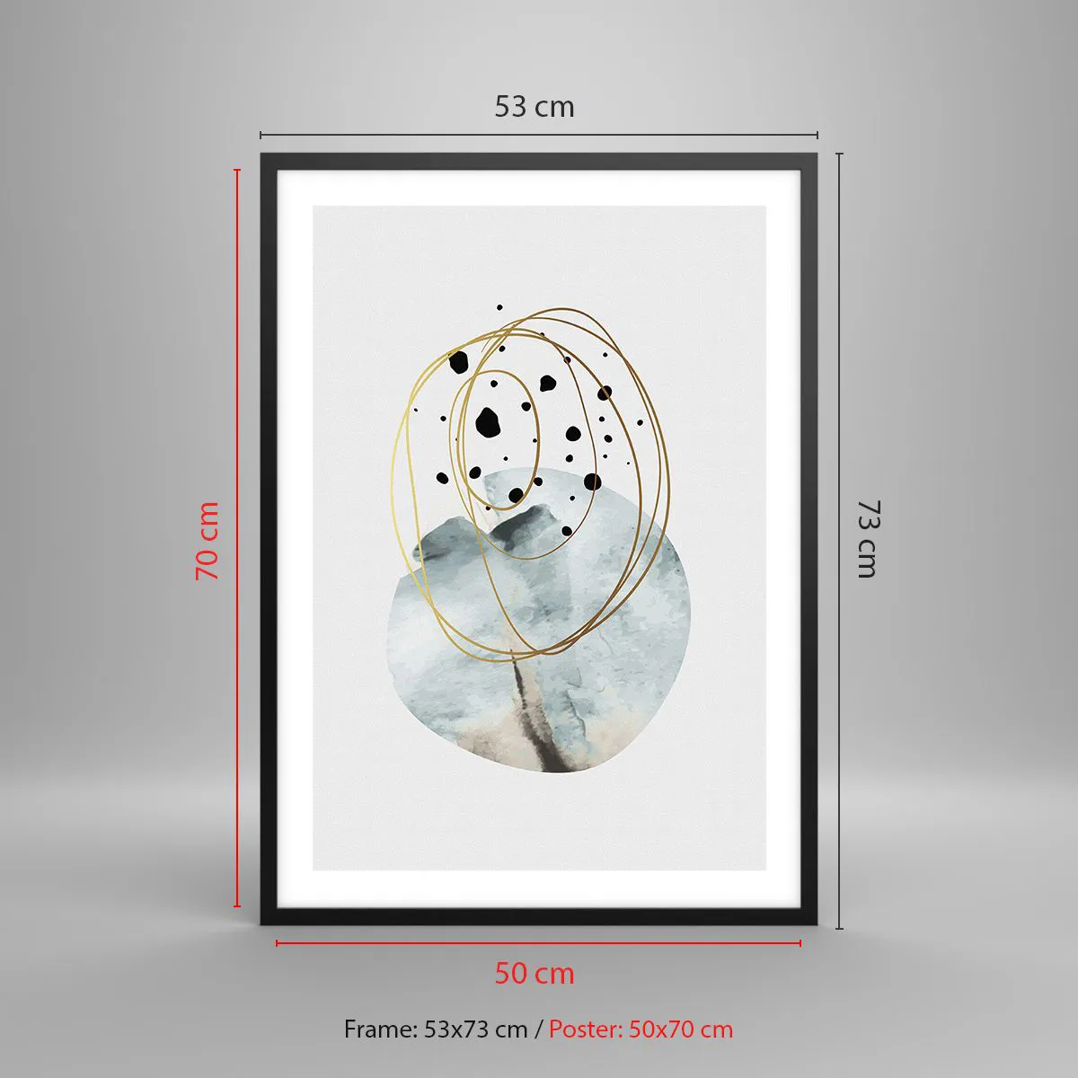 Poster în ramă neagră - Abstracție minimalistă cu accente de auriu și albastru - 50x70cm - În îmbrățișarea spațiului - Decorațiune modernă pentru perete pentru living și dormitor ARTTOR