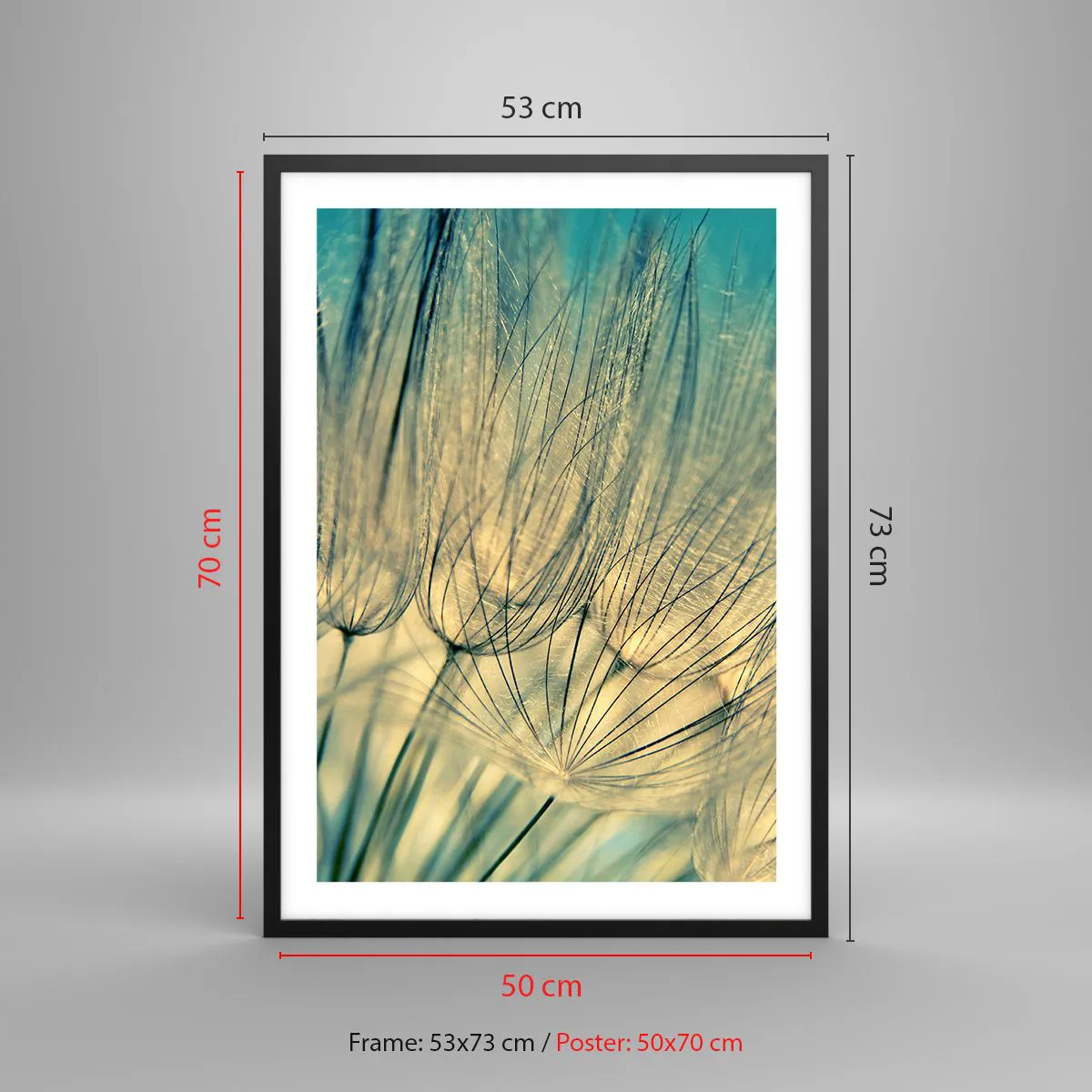 Affiche dans un cadre noir - Poster - Photographie macro de pissenlits délicats à la lumière du soleil couchant - 50x70cm - En attente du vent - Décoration murale moderne pour le salon et la chambre ARTTOR