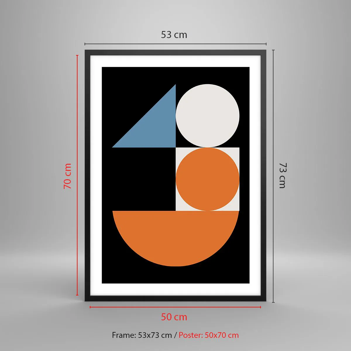 Plagát v čiernom ráme - Moderný geometrický vzor s kruhmi, trojuholníkmi a polkruhmi - 50x70cm - Figurínový systém - Moderná nástenná dekorácia do obývacej izby a spálne ARTTOR