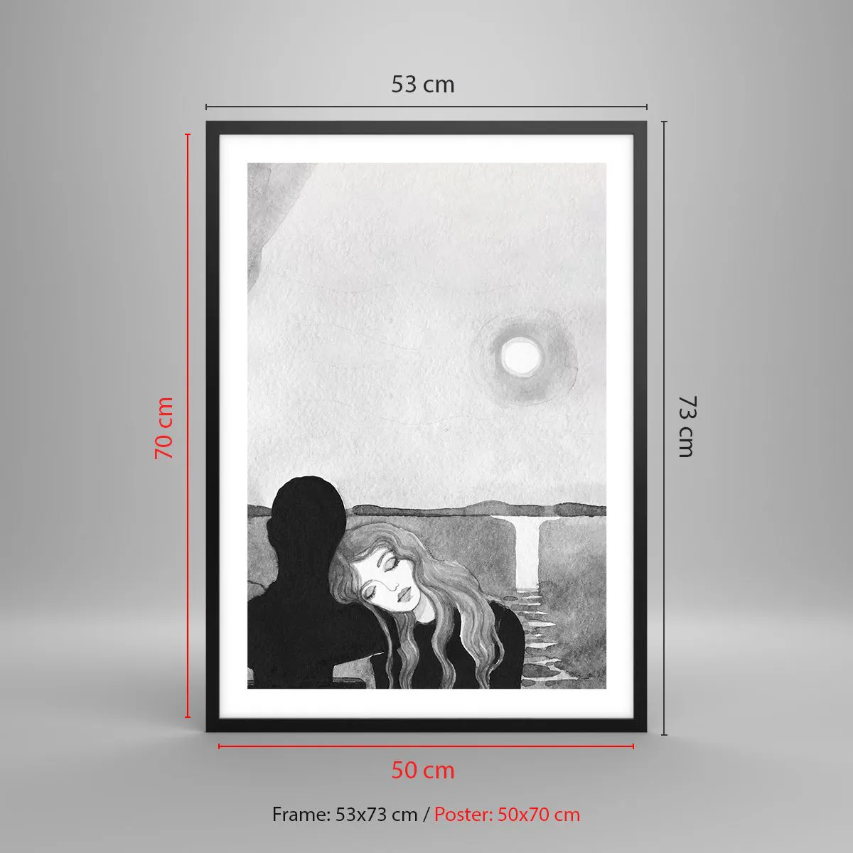 Plakat i sort ramme - Kvinde læner sig på skyggefigur, måne og vandfald - 50x70cm - Altid et mysterium - Moderne vægdekoration til stue og soveværelse ARTTOR