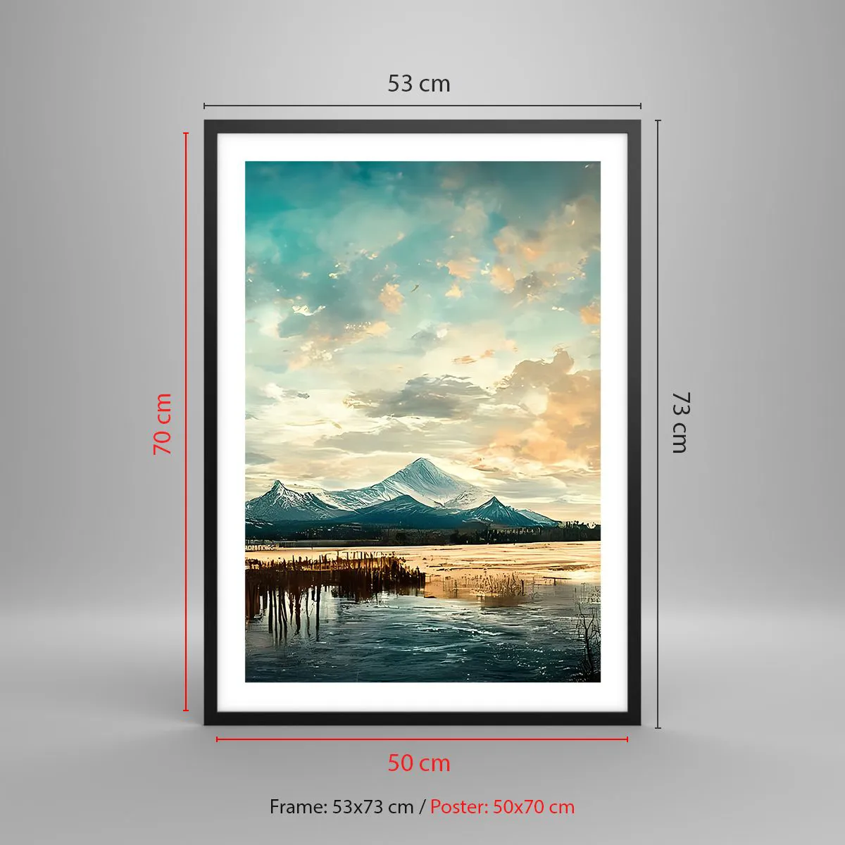 Plagát v čiernom ráme - Malebná horská krajina pri západe slnka - 50x70cm - Pod ochranou neba - Moderná nástenná dekorácia do obývacej izby a spálne ARTTOR