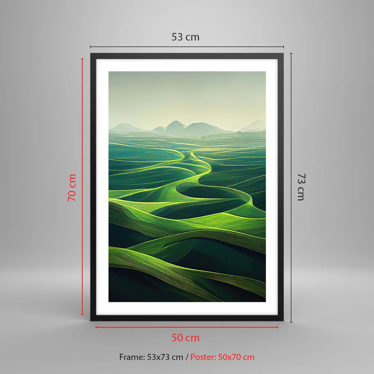 Pôster com moldura preta - Campos verdejantes com vista para as montanhas - 50x70cm - Nos vales verdes - Decoração de parede moderna para a sala de estar e quarto ARTTOR