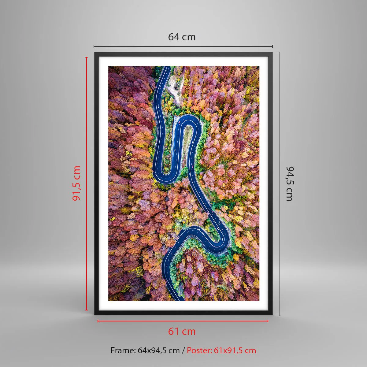 Poszter fehér keretben - Kanyargós út az erdőn keresztül - 61x91 cm