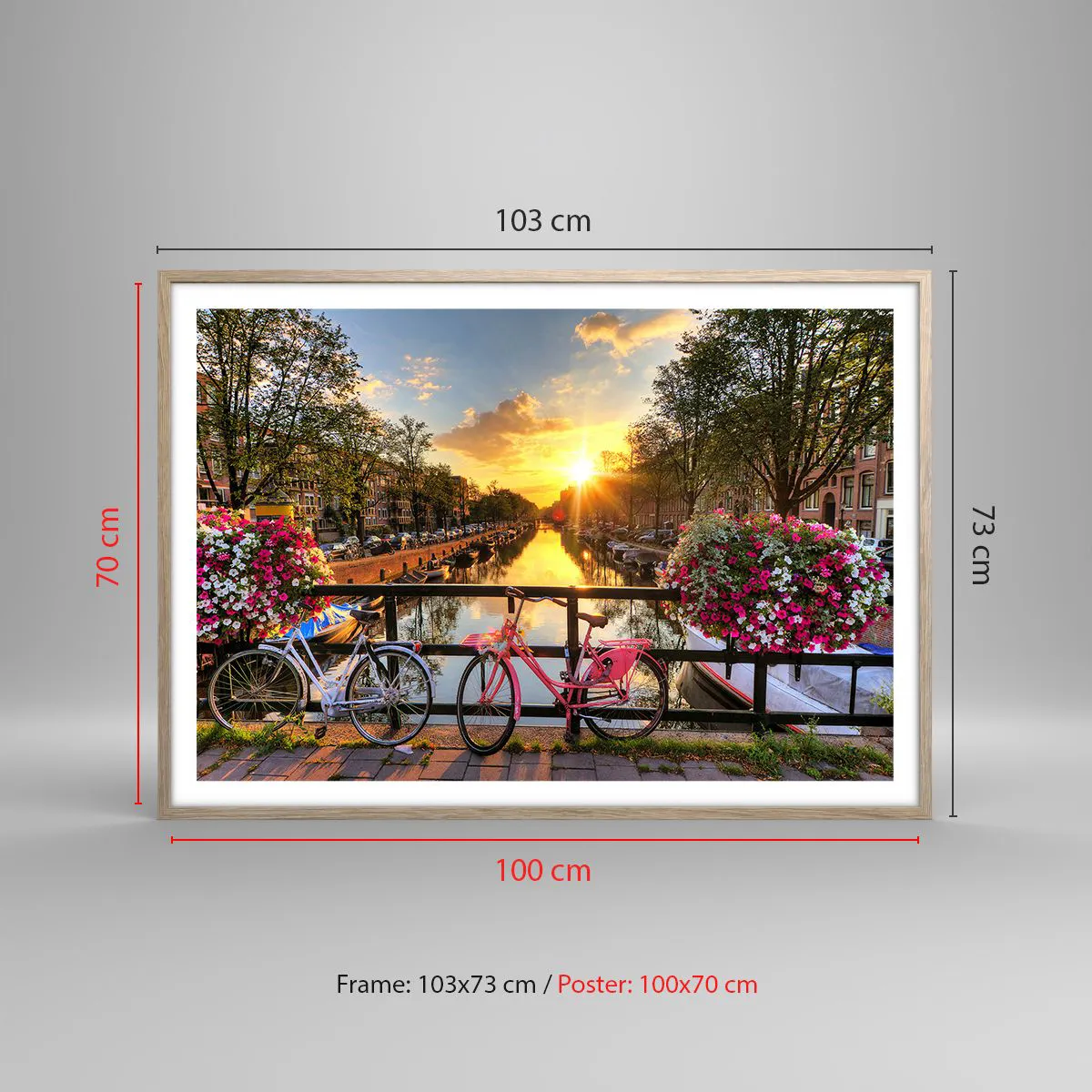 Plakat i ramme af lyst egetræ - Forårsmorgen i Amsterdam - 100x70 cm