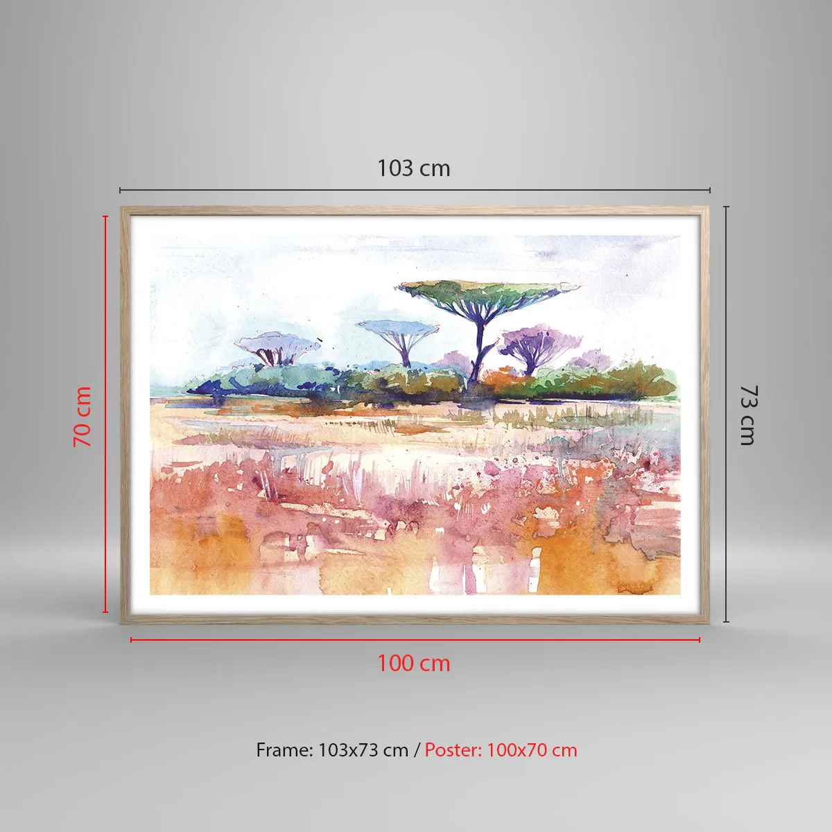 Plakat i ramme af lyst egetræ - Savannens farver - 100x70 cm