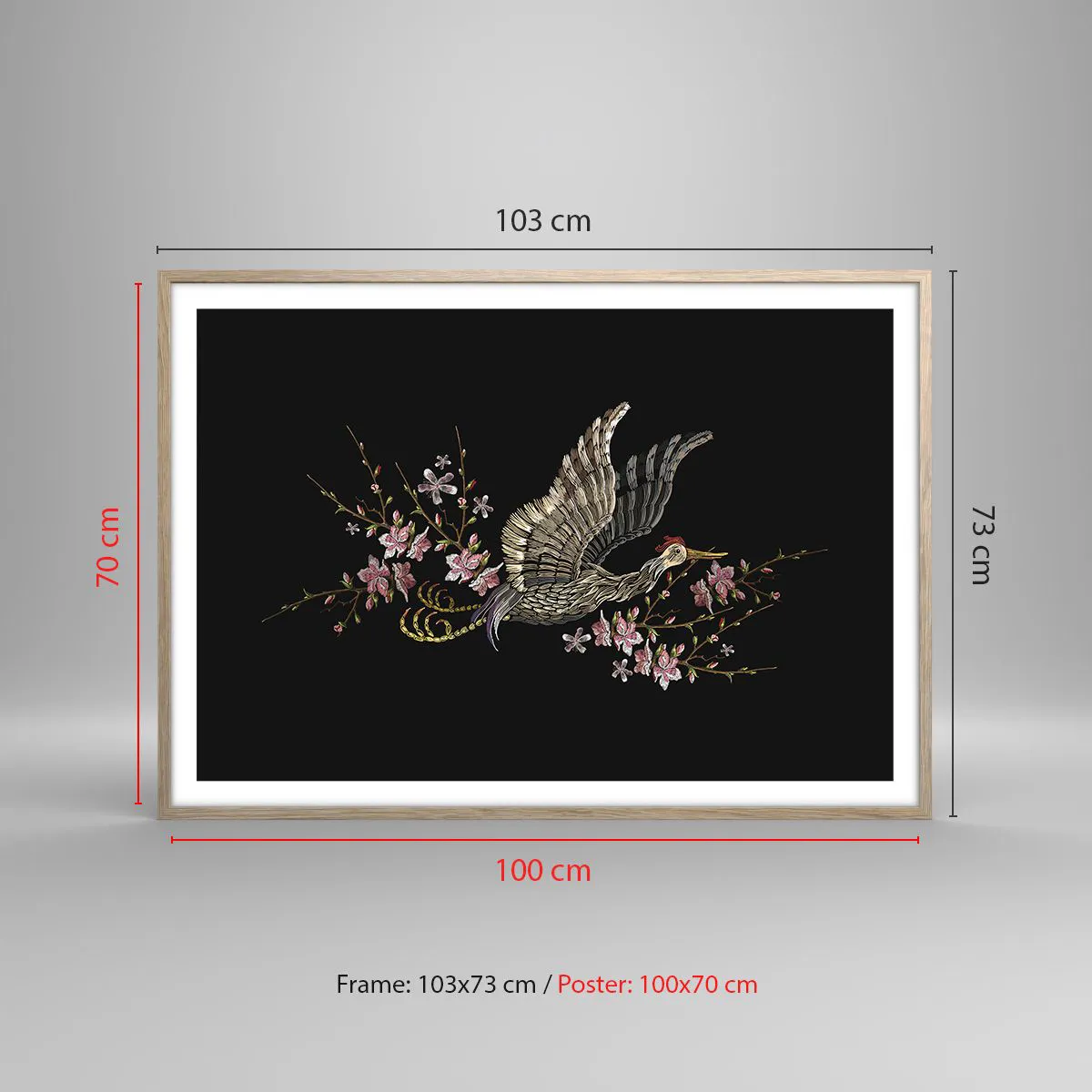 Affiche dans un chêne clair - Poster - Oiseau brodé exotique - 100x70 cm