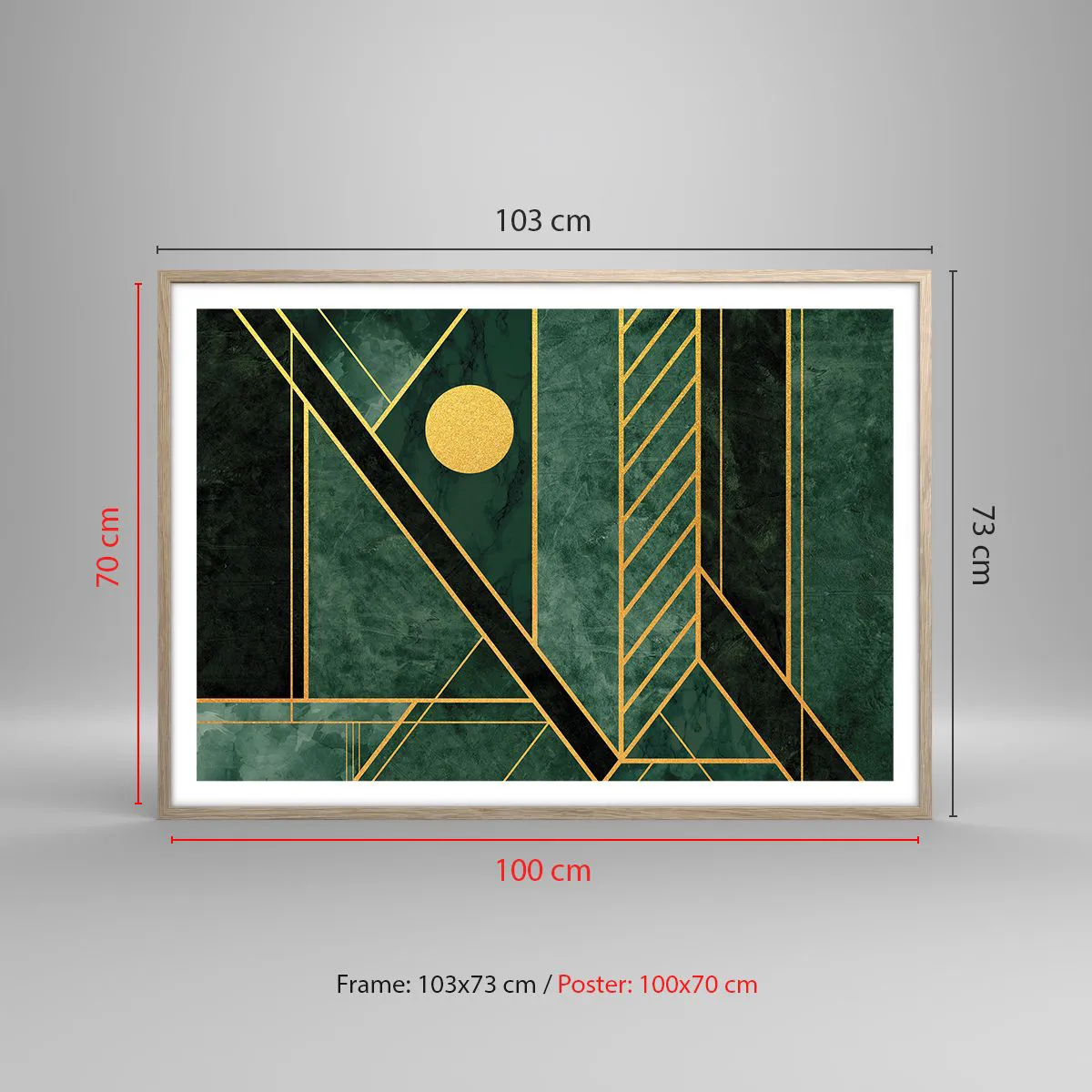 Een poster in een licht eiken lijst - Dynamiek van goud en azuur - 100x70 cm