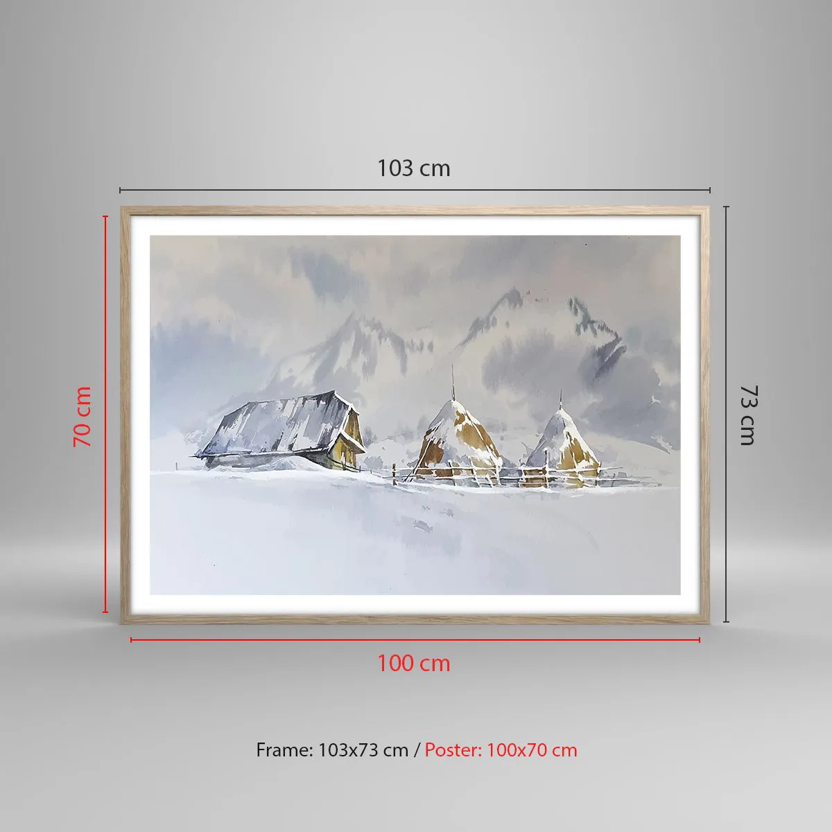 Póster en marco roble claro - En un valle nevado - 100x70 cm