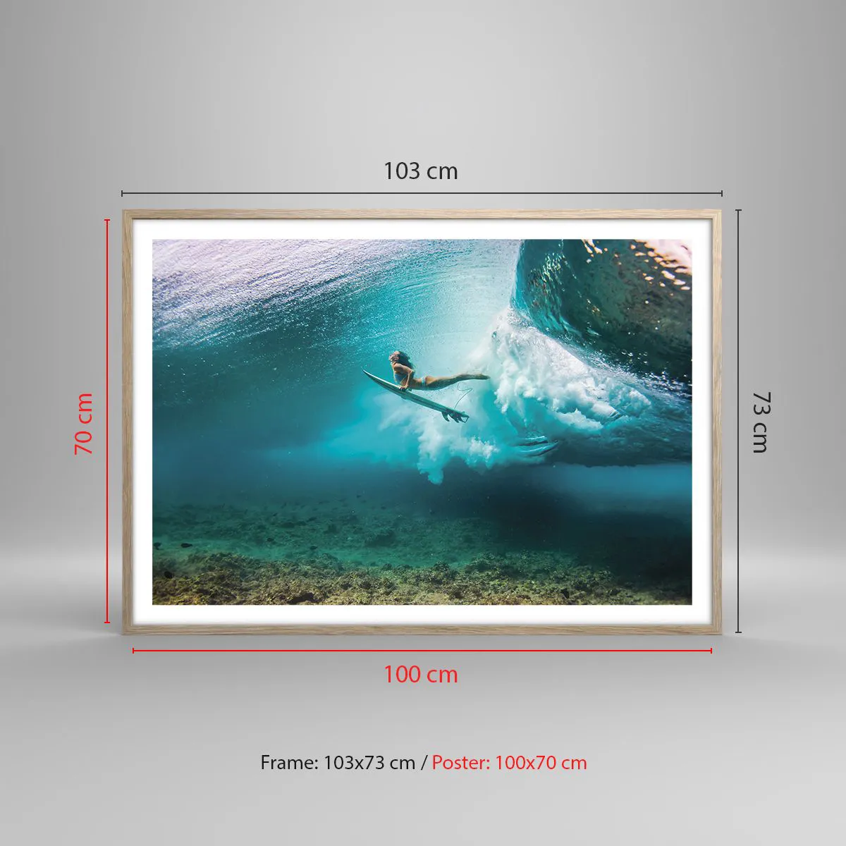 Plakat i ramme af lyst egetræ - Undervandsverden - 100x70 cm
