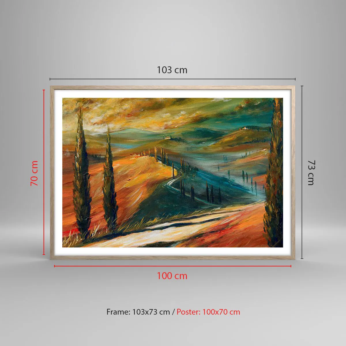 Poster in einem Rahmen aus heller Eiche - Toskanische Landschaft - 100x70 cm