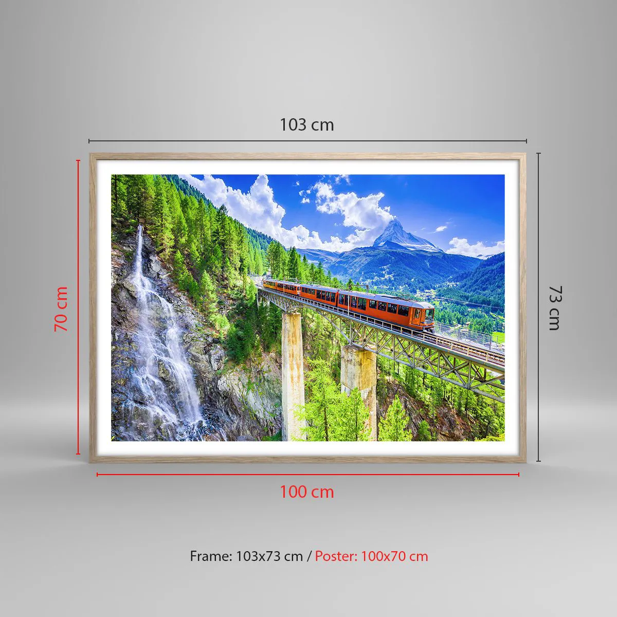 Plakat w ramie jasny dąb - Kolej na Alpy - 100x70 cm