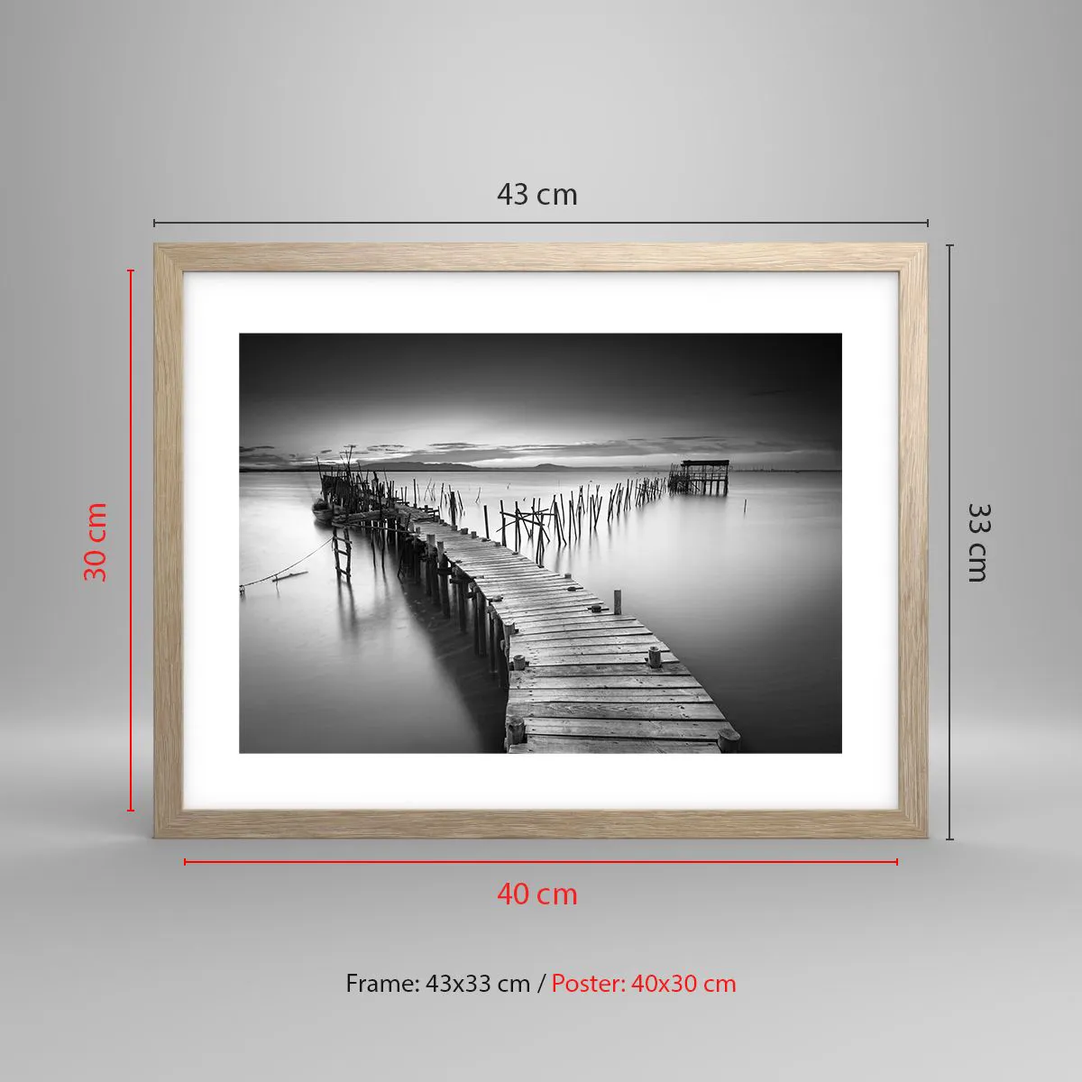 Plakat i ramme af lyst egetræ - Stilheden fra en glemt kyst - 40x30 cm