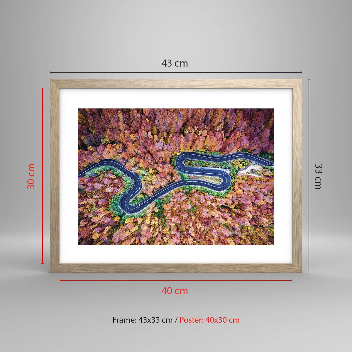 Plakát v rámu světlý dub - Klikatá cesta lesem - 40x30 cm