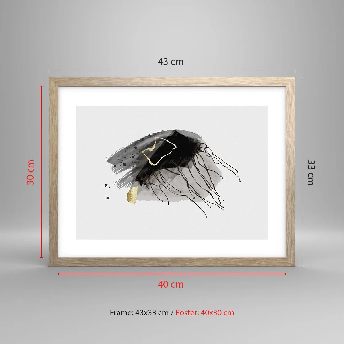 Plakat i ramme af lyst egetræ - I sort og guld - 40x30 cm