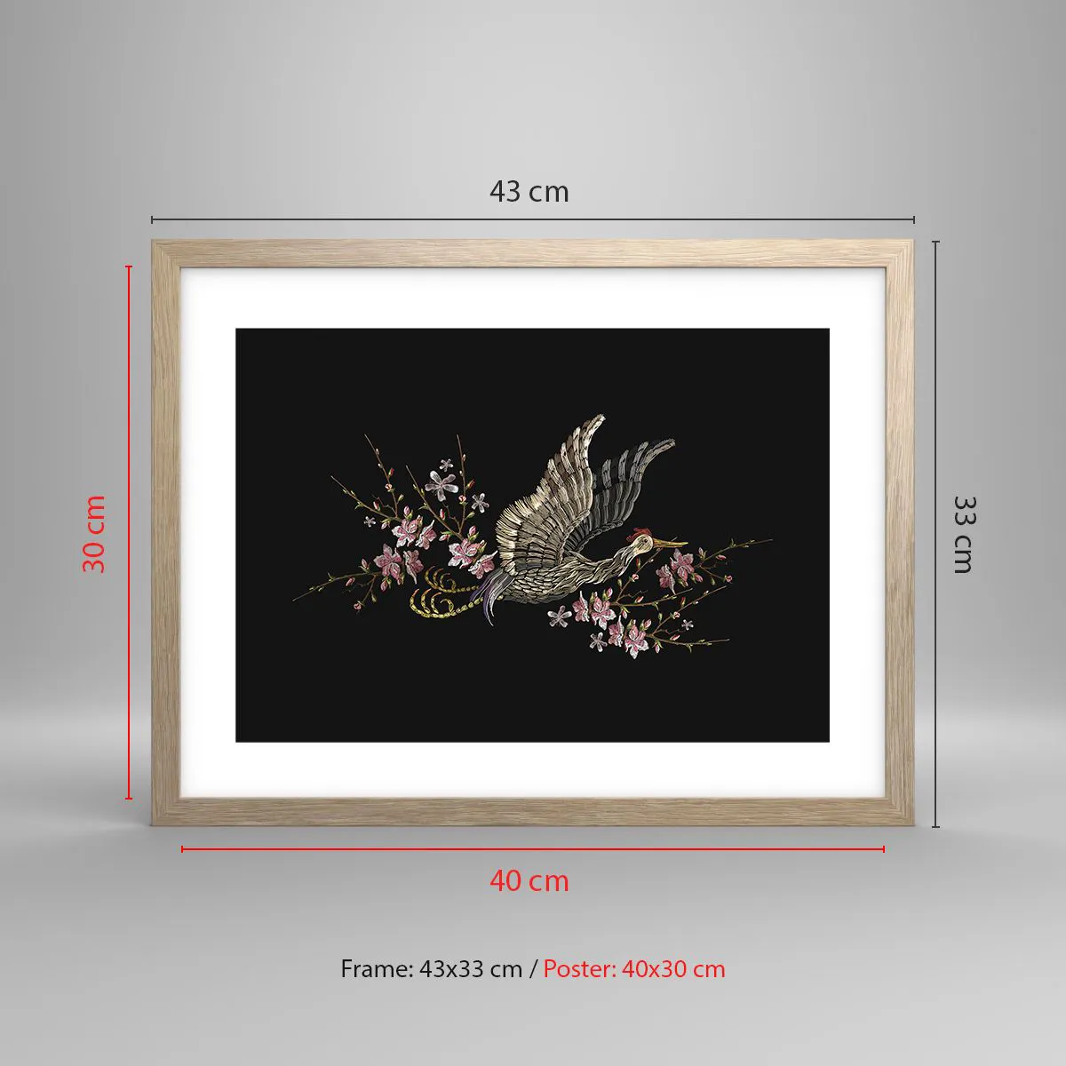 Affiche dans un chêne clair - Poster - Oiseau brodé exotique - 40x30 cm