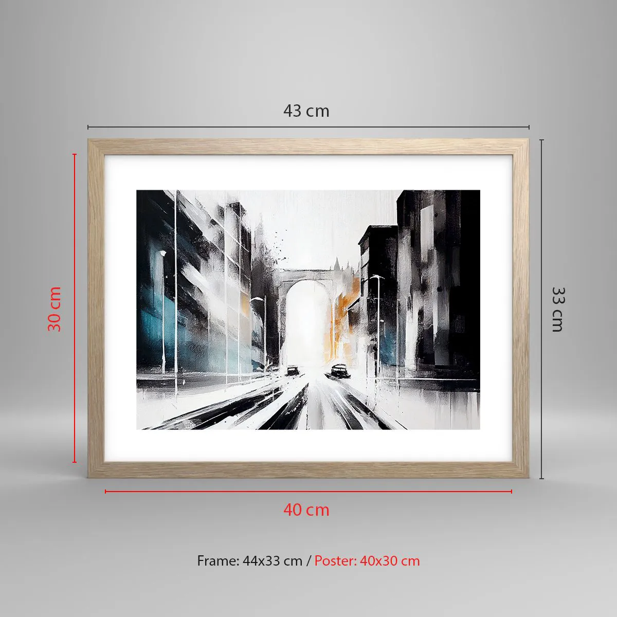 Plakat i ramme af lyst egetræ - Bystudie: arkitektur og bevægelse - 40x30 cm