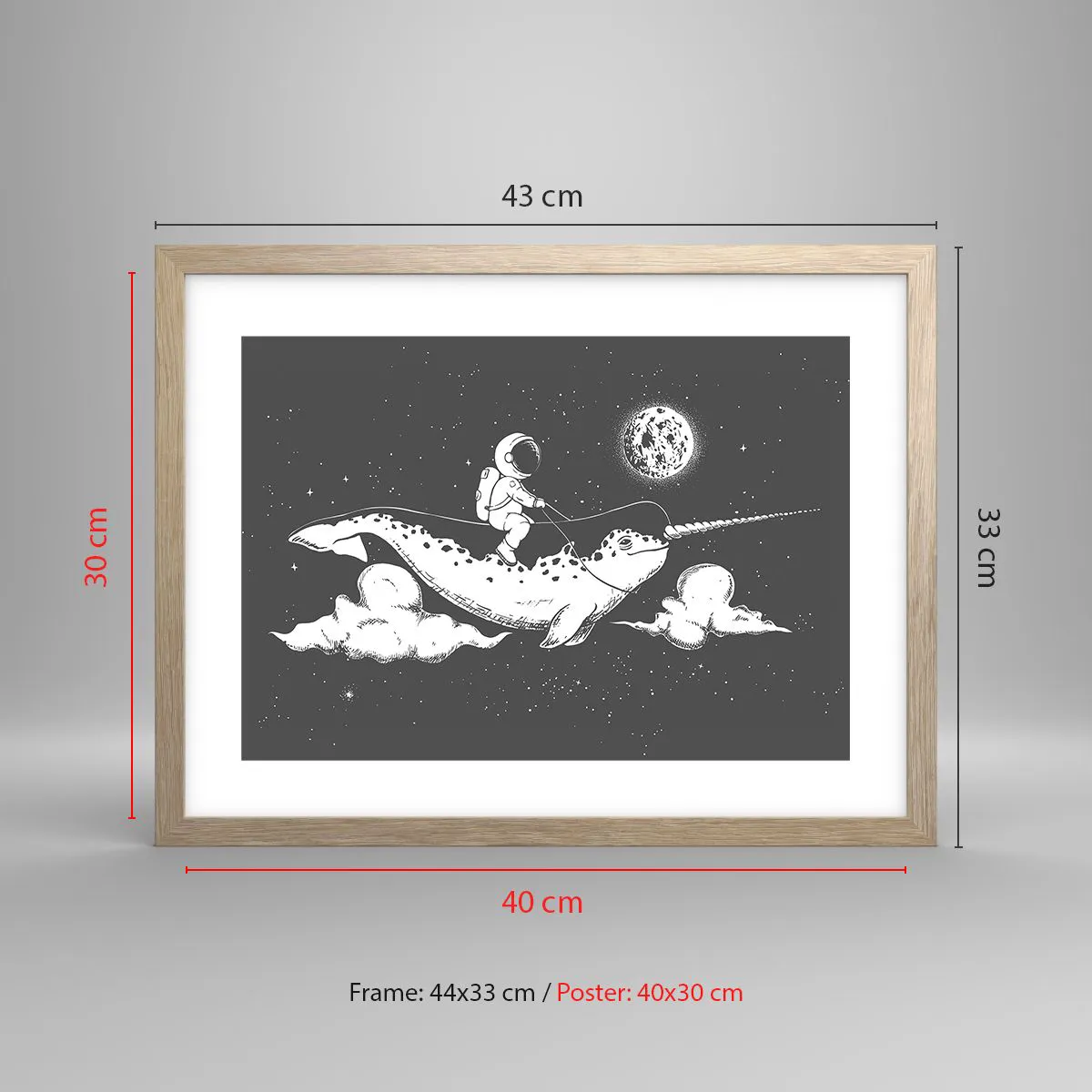Poszter világos tölgy keretben - Űrlovas - 40x30 cm