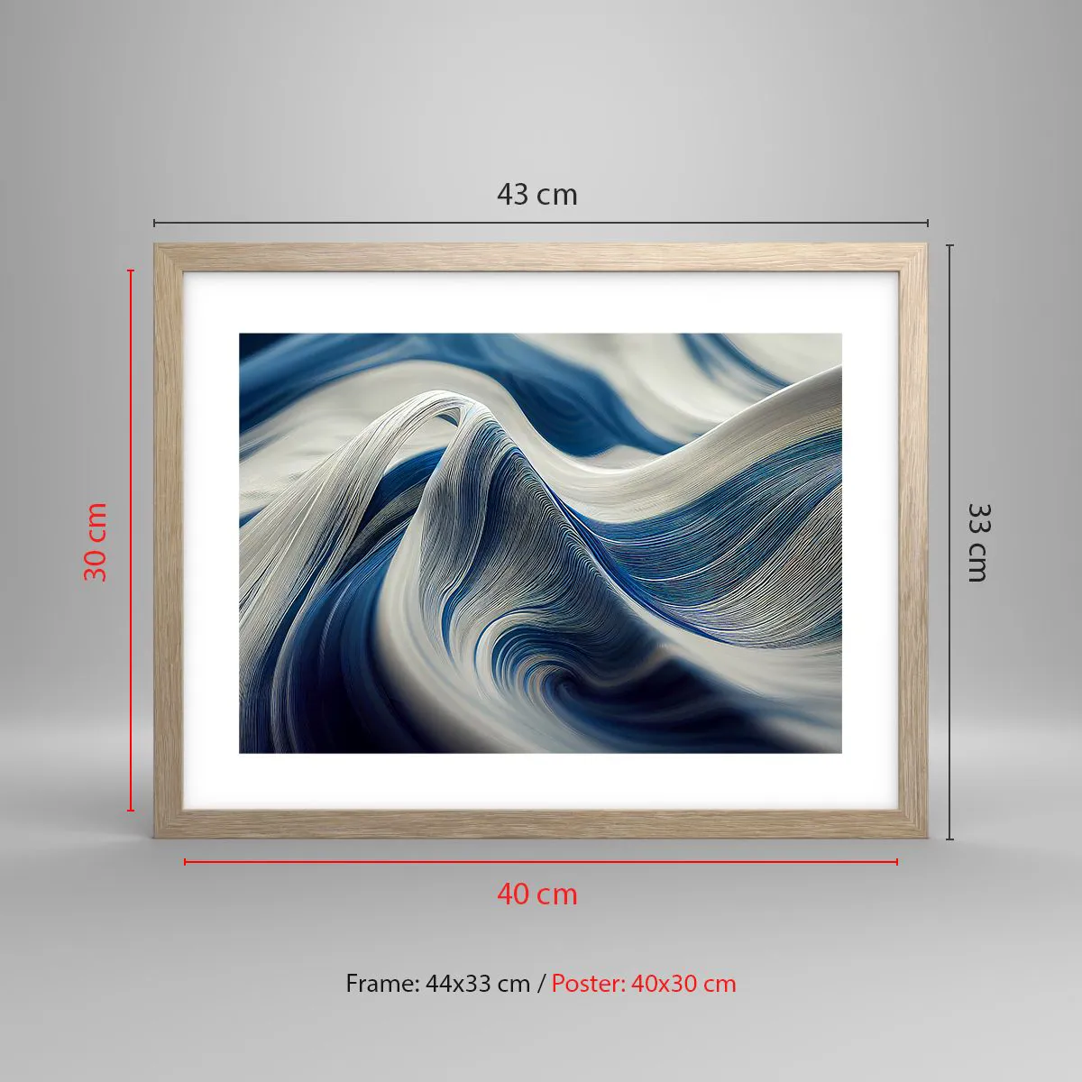 Plakat i ramme af lyst egetræ - Flydende blå og hvide farver - 40x30 cm