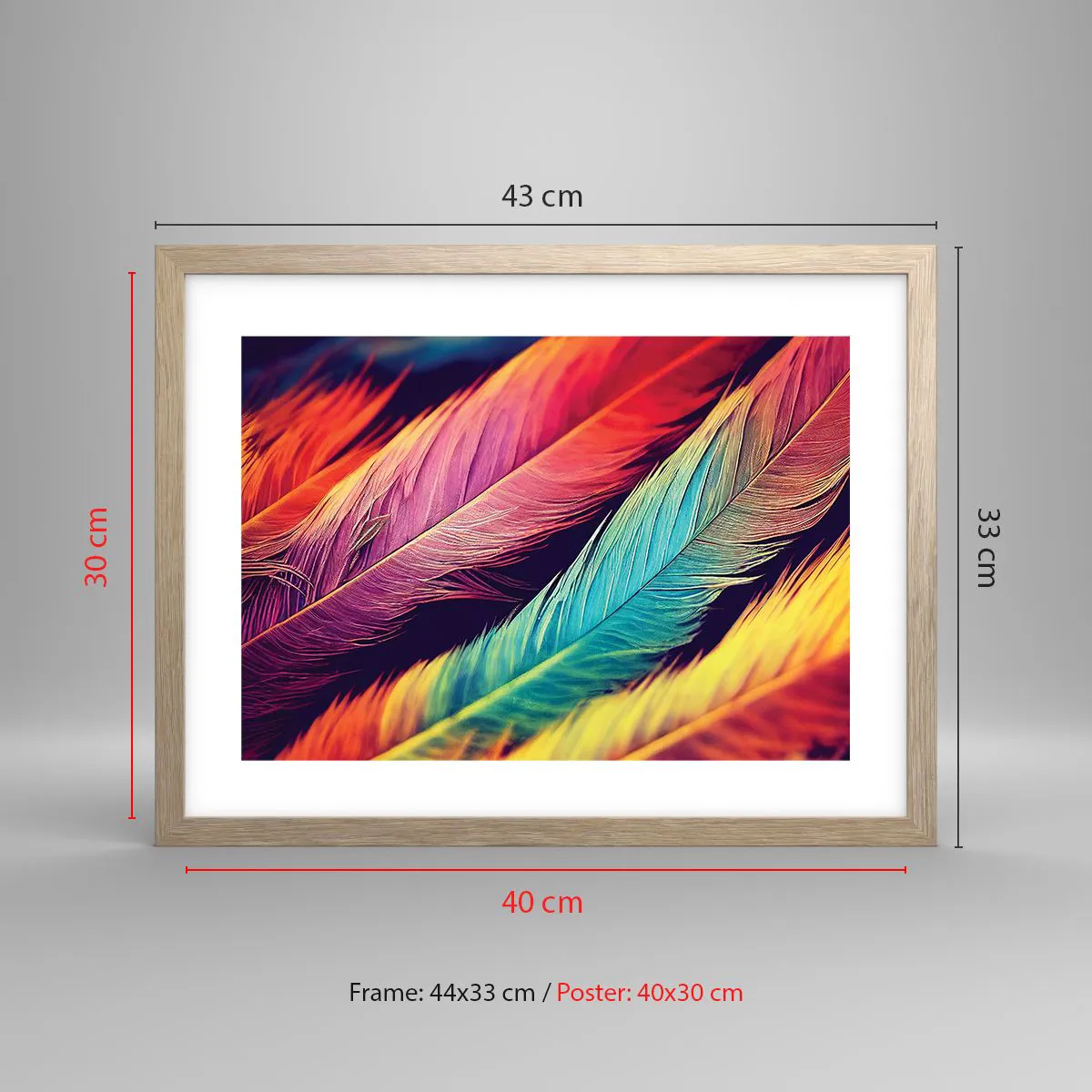 Affisch i ram av ljusek - Fjäderlik regnbåge - 40x30 cm