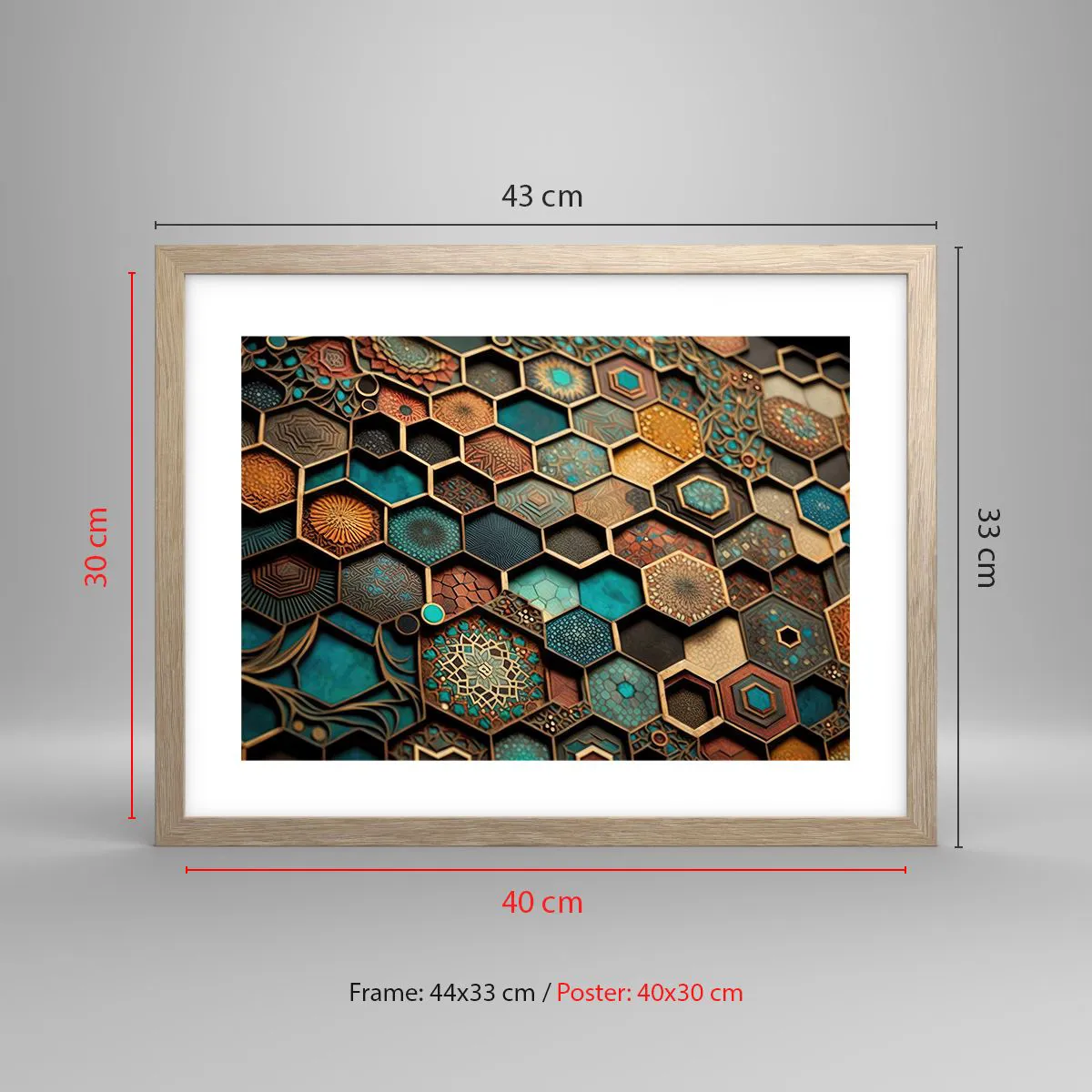 Plakat i ramme af lyst egetræ - Arabiske ornamenter - en variation - 40x30 cm