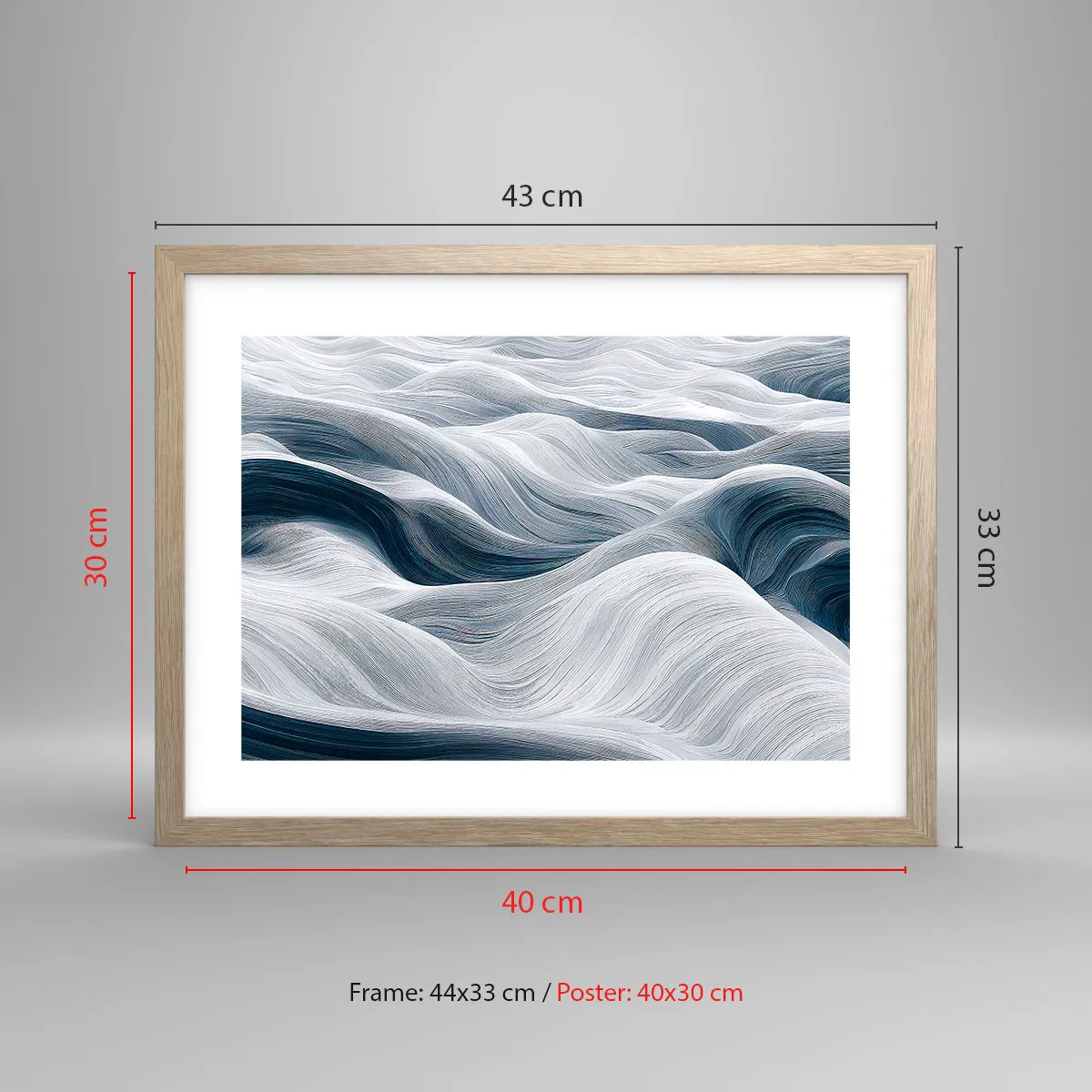 Poster in einem Rahmen aus heller Eiche - Weiße und blaue Wellen - 40x30 cm