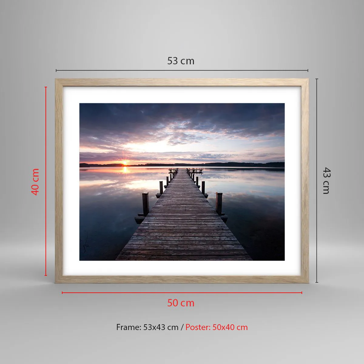 Plakat i ramme af lyst egetræ - Den tavse grænse mellem dag og nat - 50x40 cm