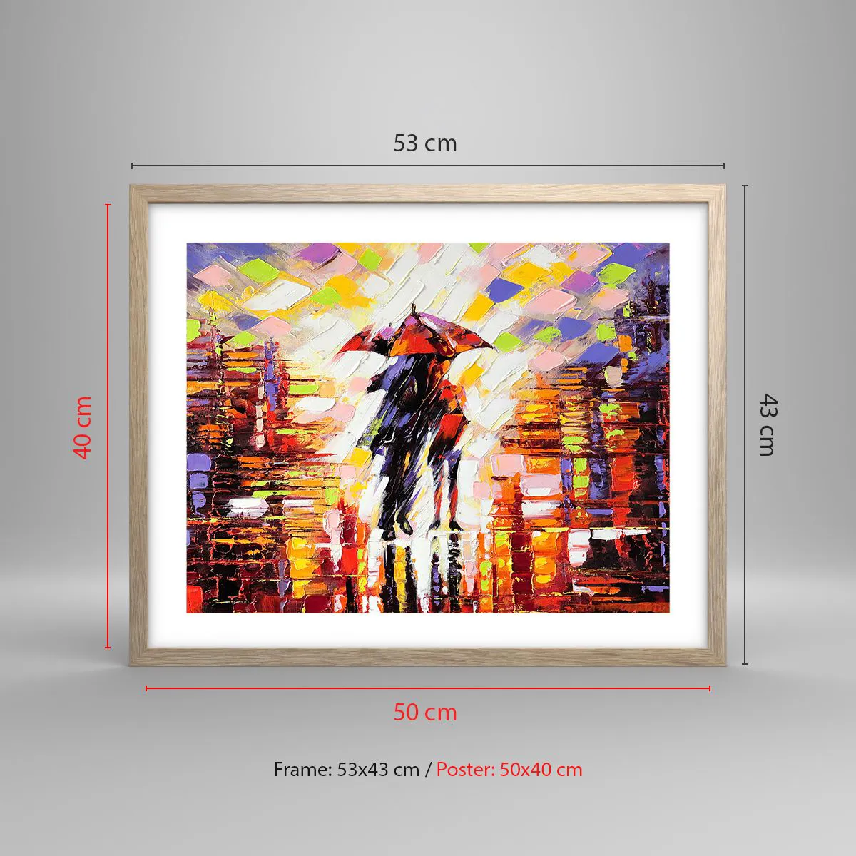 Pôster com moldura de carvalho claro - Juntos durante a noite e a chuva - 50x40 cm