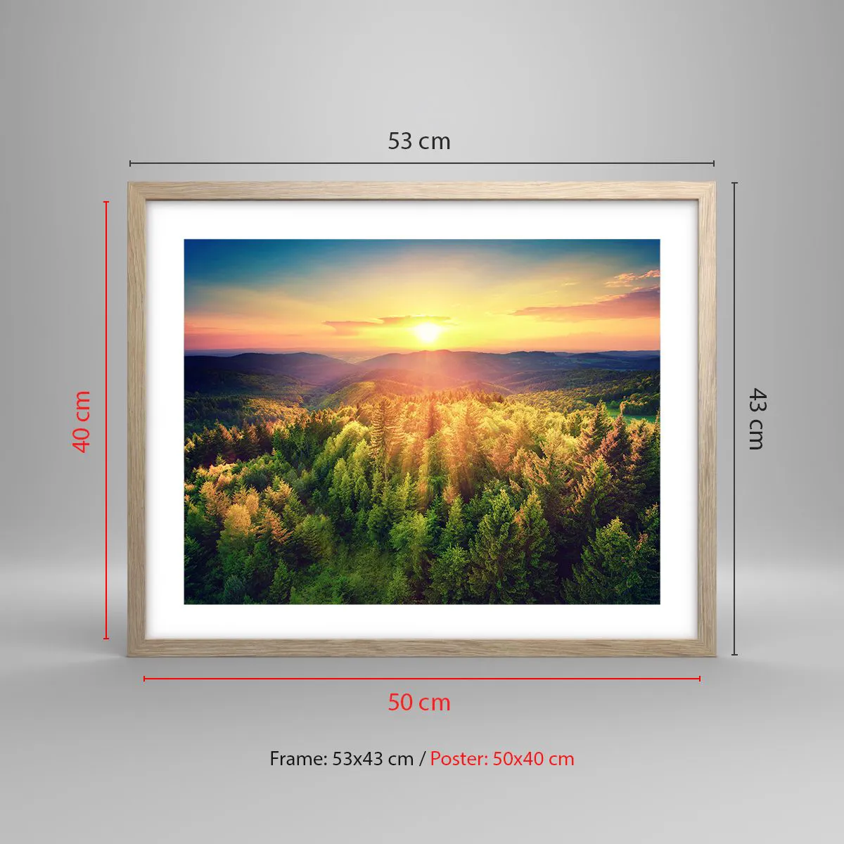 Plakat i ramme af lyst egetræ - Toppe og bjergtoppe - 50x40 cm