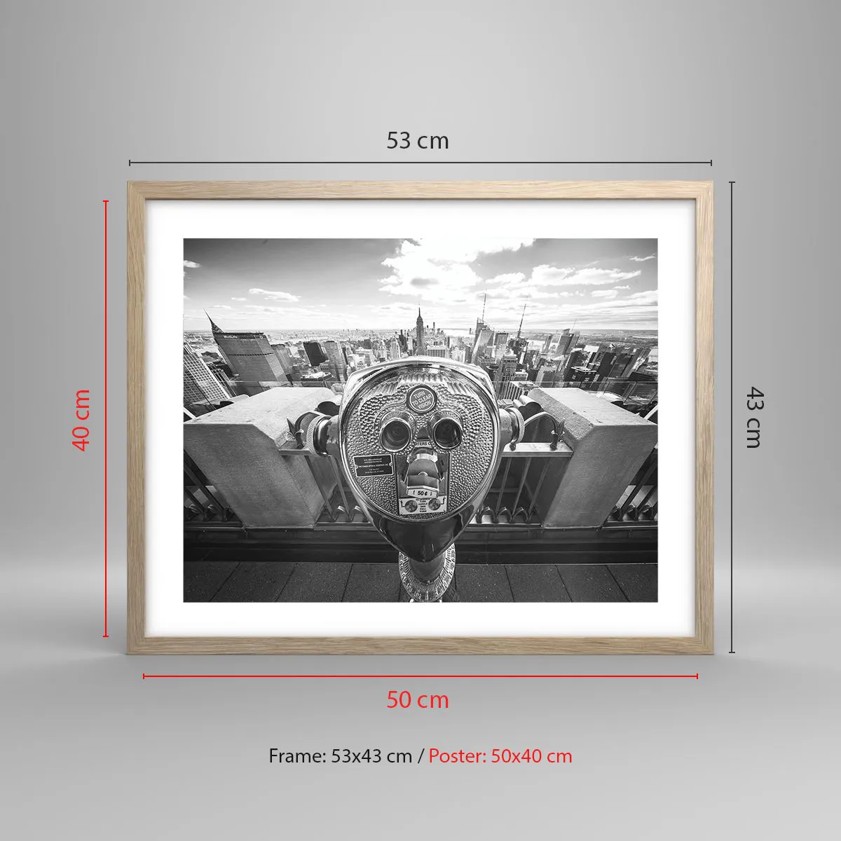 Plakat i ramme af lyst egetræ - Byen over byer - 50x40 cm