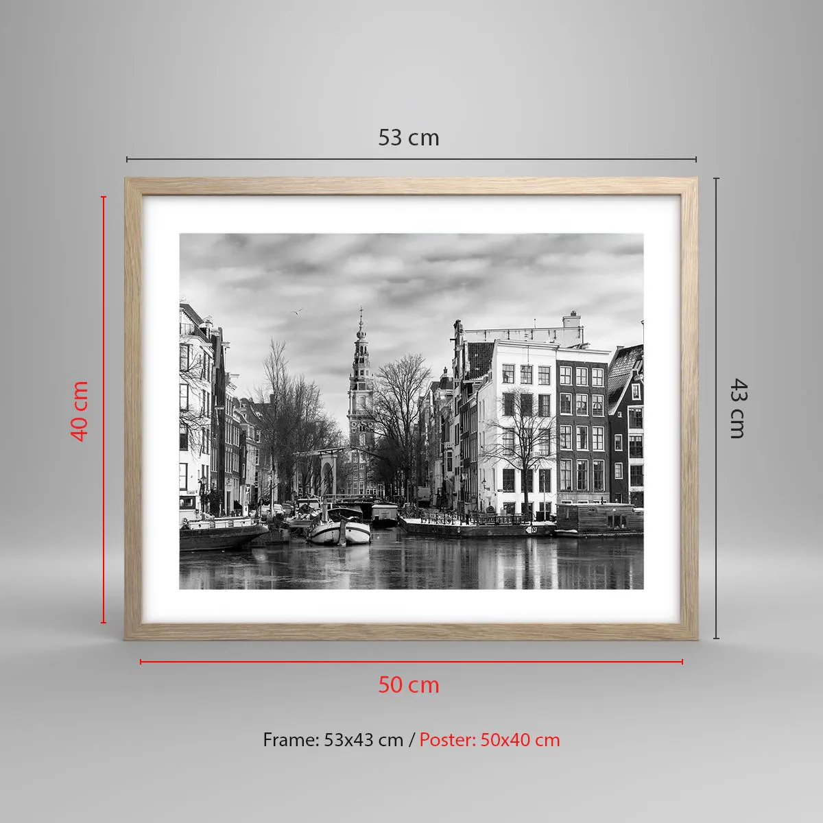 Poster in einem Rahmen aus heller Eiche - Amsterdamer Atmosphäre - 50x40 cm
