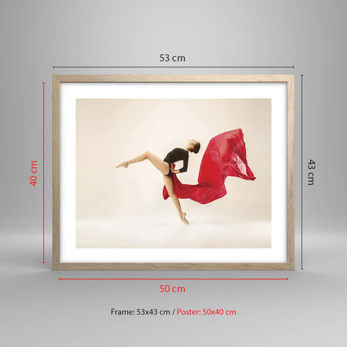 Plakat i ramme af lyst egetræ - Rød og sort - 50x40 cm