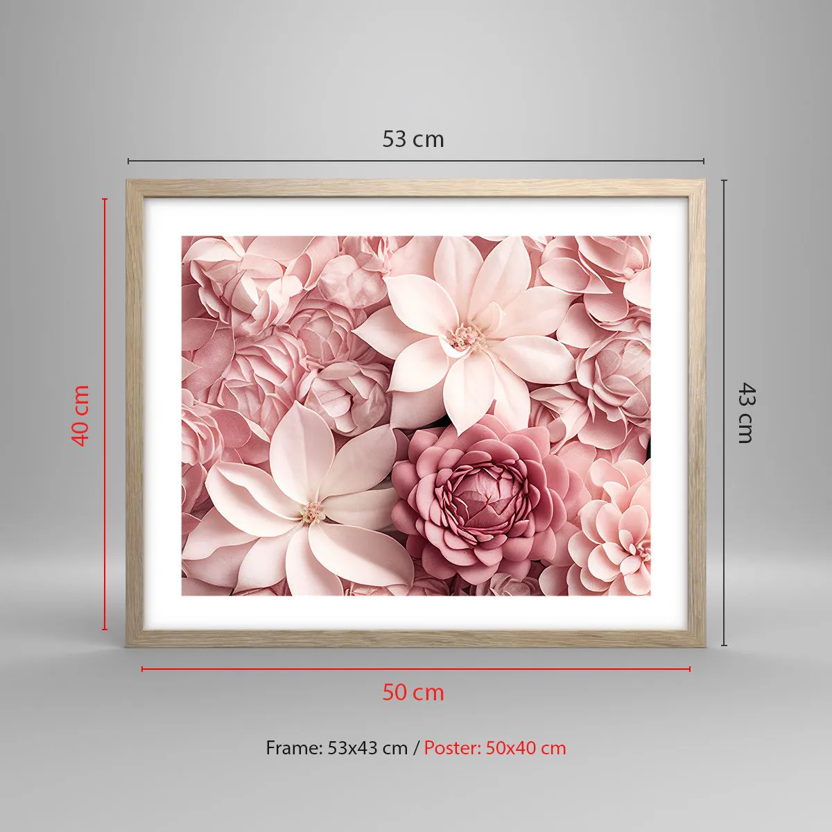 Plakat i ramme af lyst egetræ - I lyserøde kronblade - 50x40 cm
