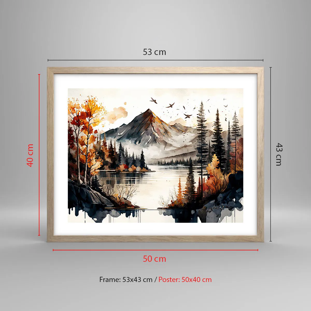 Plakat i ramme af lyst egetræ - Gyldent efterår i bjergene - 50x40 cm