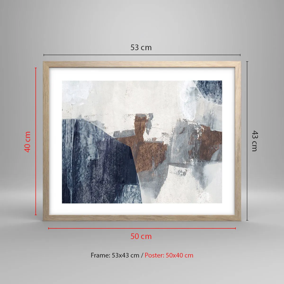 Póster en marco roble claro - Formas azules y marrones - 50x40 cm