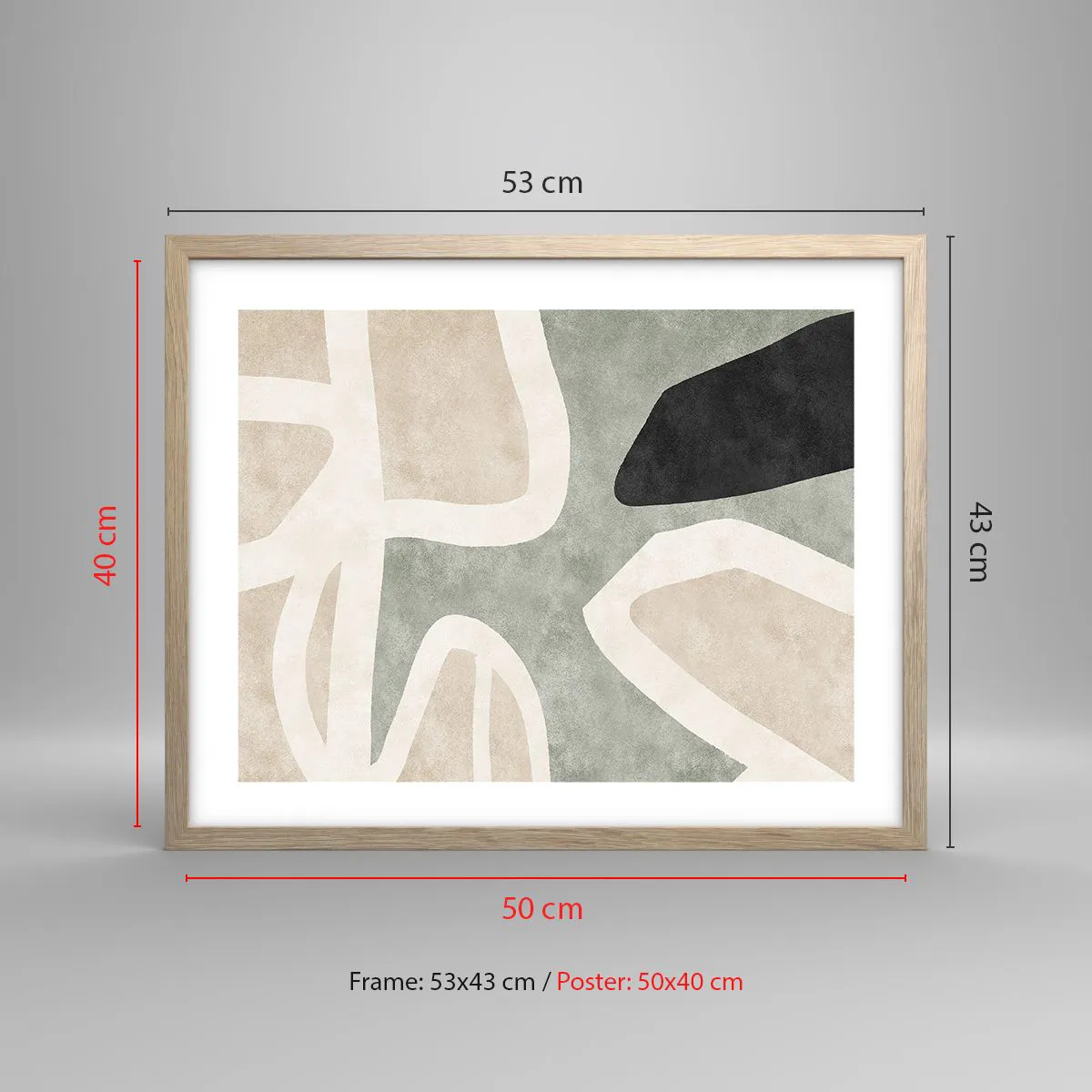 Een poster in een licht eiken lijst - Compositie met een zwart motief - 50x40 cm