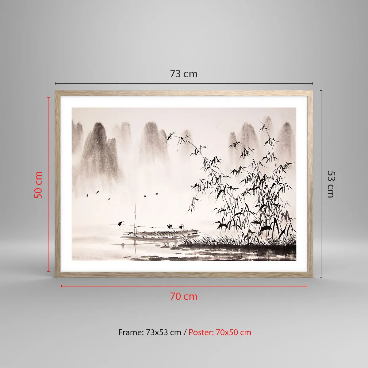 Plakat i ramme af lyst egetræ - Stilhed i rismarkerne - 70x50 cm