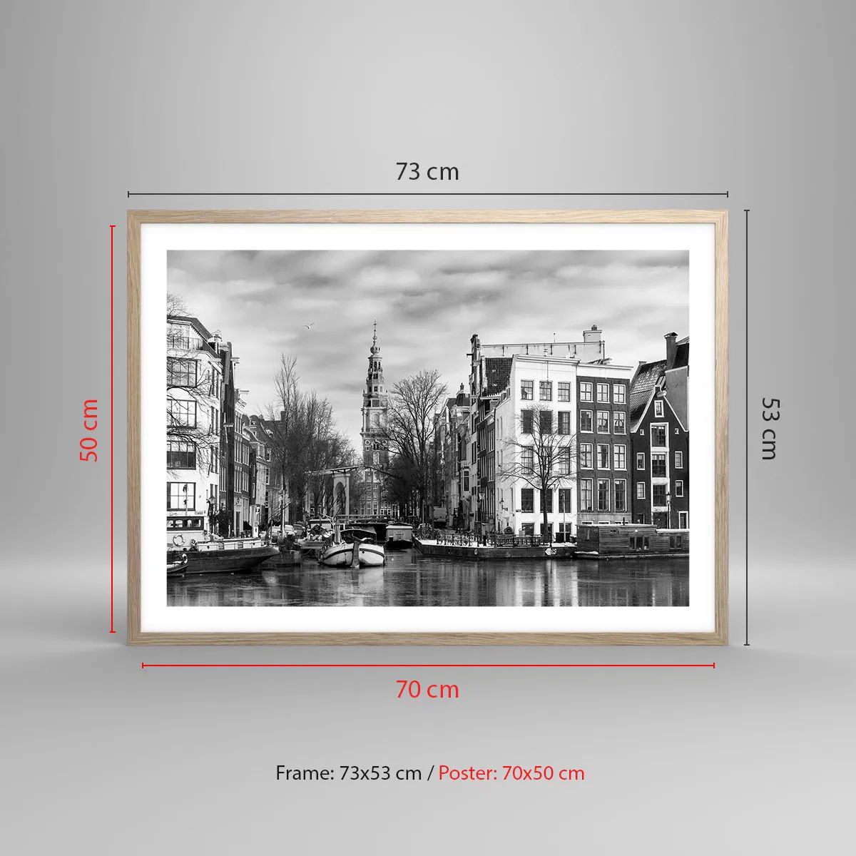 Poster in einem Rahmen aus heller Eiche - Amsterdamer Atmosphäre - 70x50 cm