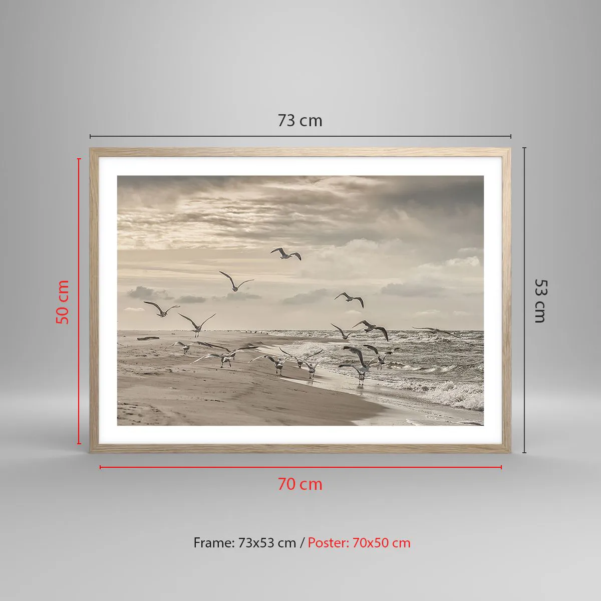 Plakat i ramme af lyst egetræ - Havet brummer, fuglene synger - 70x50 cm